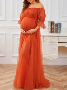 Women's Long Maternity Dress Off Shoulder Short Sleeve Tulle Gown Pregnancy Dress For Photoshoot
