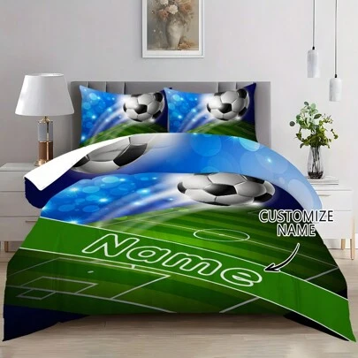 Customizable Football Pattern Cartoon Bedding Set (1 Duvet Cover + 2 Pillow Shams, Without Inner Filling), Suitable For Bedroom Decor
