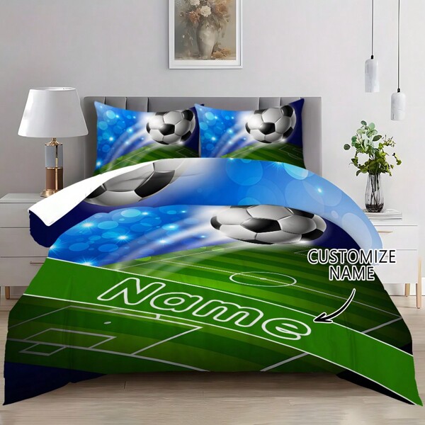 Customizable Football Pattern Cartoon Bedding Set (1 Duvet Cover + 2 Pillow Shams, Without Inner Filling), Suitable For Bedroom Decor