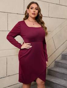 GoyRrbay Women's Plus Size Cocktail Dress Comfortable Long Sleeve Wedding Guest Square Neck Semi Formal Dress - Màu Đỏ Sâu - Xem 2