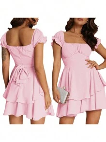 Women's Mini A-Line Dress Solid Color Ruffled Sleeves Square Neck Layered Hem Dress - Hồng - Xem 2