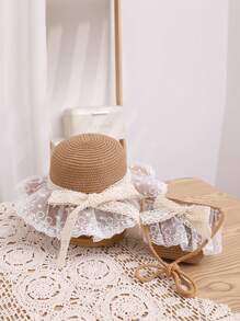 2pcs/Set Girl Hat And Bag, Summer New Cute Princess Pearl Mesh Bowknot Princess Sun Hat Bag Set, Suitable For Outings, Beach, Daily Wear