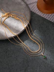 3pcs Set Stylish Simple Encrusted Retro Emerald Green Zirconia Pendant Necklaces For Men, Sports Jewelry Set - Yellow Gold - View 4