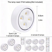 3/6 Pcs LED Puck Lights With Wireless Remote Battery Operated Night Lights Push Lights Spotlight Cabinet Kitchen Under Counter Lighting Ambient Lights For Wardrobe Bedroom - White - View 3
