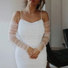 1 件时尚长款无指手套，简约手工缝制新娘配饰，百搭网眼婚礼手套秋季配饰 - 白色 - 查看 6