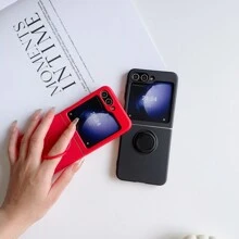 1 pieza Funda de silicona líquida de lujo con anillo de soporte desmontable, compatible con Samsung Z Flip 6/5/4/3 e iPhone 16
