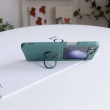1 pieza Funda de silicona líquida de lujo con anillo de soporte desmontable, compatible con Samsung Z Flip 6/5/4/3 e iPhone 16