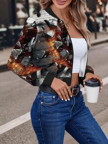Leichte Damen Baseballjacke in Olivgrün mit Fußball-Muster, Damen Jacke mit Rippkragen und Positionsdruck - Verschiedenfarbig - Übersicht 3