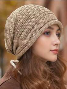 1pc Stretchy Knit Beanie Hat With Ribbed Brim, Soft, Fashionable And Warm Winter Cap For Women - 1pcs - View 14
