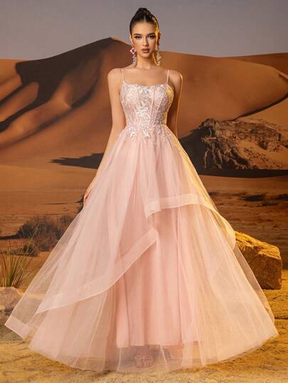 Embroidery Prom Dress, Asymmetric Hem A Line Spaghetti Strap Backless Lace Up Homecoming Dress, Wedding Guest Dress Party Dress Formal Dress Evening Dress,Gown, For Valentine's Day