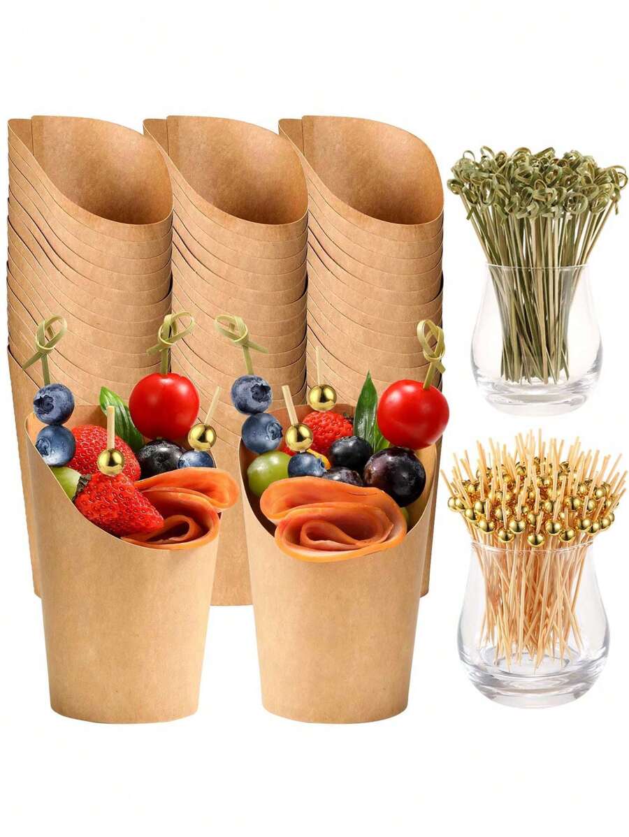 250pcs/50 Pcs -Charcuterie Cups With Skewers, 12 Oz PaperSnack Appetizer Cups With Cocktail Picks, French FryHolder Brown Kraft, Disposable Popcorn BoxesCones, Party Board Favor(50 Cups + 200 Sticks)