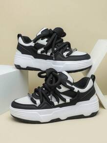 Tênis tipo Loafer de Salto Plataforma para Mulheres em Cor Preto e Branco, Estilo Panda, Tons Neutros Versáteis, Malha Respirável, Cadarços Largos na Tendência, Adequado para Viagens, Fitness, Festa, Gramado, Campus, Estilo de Sapato de Plataforma, Bico Redondo, Cano Baixo, Colorblock, Multifuncional, Presente de Férias, Casual, Sapato Esportivo para Uso Externo