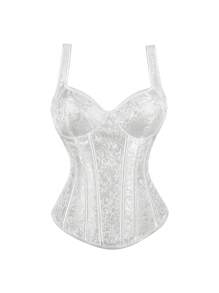 Women's Floral Jacquard Lace Up Corset Tops For Women Gothic Jacquard Shoulder Straps Corset Overbust Corset Bustiers - 白色 - 查看 2