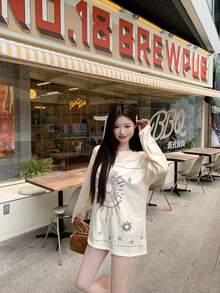 Loose Fit Printed Long Sleeve Top For Women, Spring/Autumn - Apricot - View 2