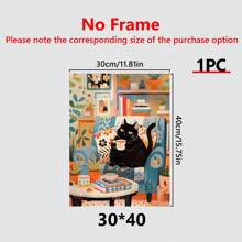 1幅现代装饰艺术风格猫咪海报 - 帆布印刷卡通黑猫在沙发上享用咖啡 - 复古室内墙面装饰，适用于客厅、家庭办公室、厨房、卧室 - 动物主题春季装饰和冬季水墨画（带框） - 彩色 - 查看 12
