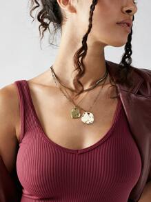 1 件复古欧洲波西米亚风不对称几何圆形和方形金属吊坠项链配蛇链，女士多层项链适合日常佩戴和礼物 - 合金三層項鍊 - 查看 2