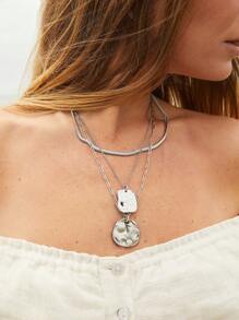1 件复古欧洲波西米亚风不对称几何圆形和方形金属吊坠项链配蛇链，女士多层项链适合日常佩戴和礼物 - 合金三層項鍊 - 查看 1
