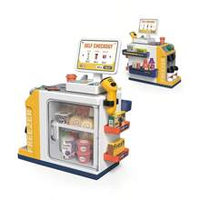 HUANG ER 46 件儿童玩具收银机套装，包括计算器、扫描仪、购物袋、咖啡机和玩具食品，适合 3 岁及以上男孩和女孩的创意礼物。生日礼物（用户需携带 2 节 AA 电池）