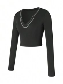 Women Short Top Shirt, Long Sleeve Patchwork Ribbed Front Button V-Neck Cropped Tops, Slim Navel Shirt - Black - View 3