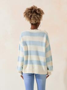 Women's Loose One-Shoulder Long-Sleeved Off-Shoulder Sweater Striped Knit Color Casual Pullover - Màu xanh da trời - Xem 2
