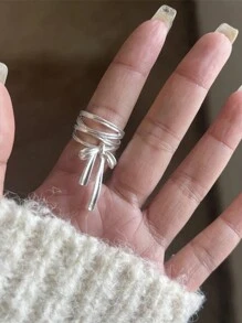 Bộ 6 chiếc nhẫn đá Zirconia hình trái tim nơ màu hồng thời trang, nhẫn Zirconia sáng bóng kiểu Y2K dành cho nữ và bé gái, trang sức dự tiệc sành điệu - Bạc - Xem 5