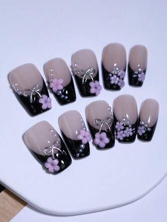 Tiny Flower Nail Decoration French Style Black And Nude Color Handmade Press On Nails 10 Pcs Coffin Short Ballet Nail Tips Reusable Manual Nails For Four Seasons Women And Girls Diy Nail Products Nail Supplies Nails
