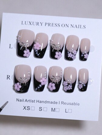 Tiny Flower Nail Decoration French Style Black And Nude Color Handmade Press On Nails 10 Pcs Coffin Short Ballet Nail Tips Reusable Manual Nails For Four Seasons Women And Girls Diy Nail Products Nail Supplies Nails