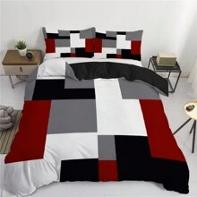 3pcs Red Black And Grey Plaid Pattern Duvet Cover Set (1*Duvet Cover + 2*Pillowcases,Without Core), Fashionable Pattern Bedding Room Decoration, Soft And Comfortable Bedding Set