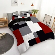 3pcs Red Black And Grey Plaid Pattern Duvet Cover Set (1*Duvet Cover + 2*Pillowcases,Without Core), Fashionable Pattern Bedding Room Decoration, Soft And Comfortable Bedding Set