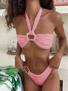 Sexy Solid Color Halter Neck Women Bikini Set, For Summer Beach Vacation - Pink - View 1