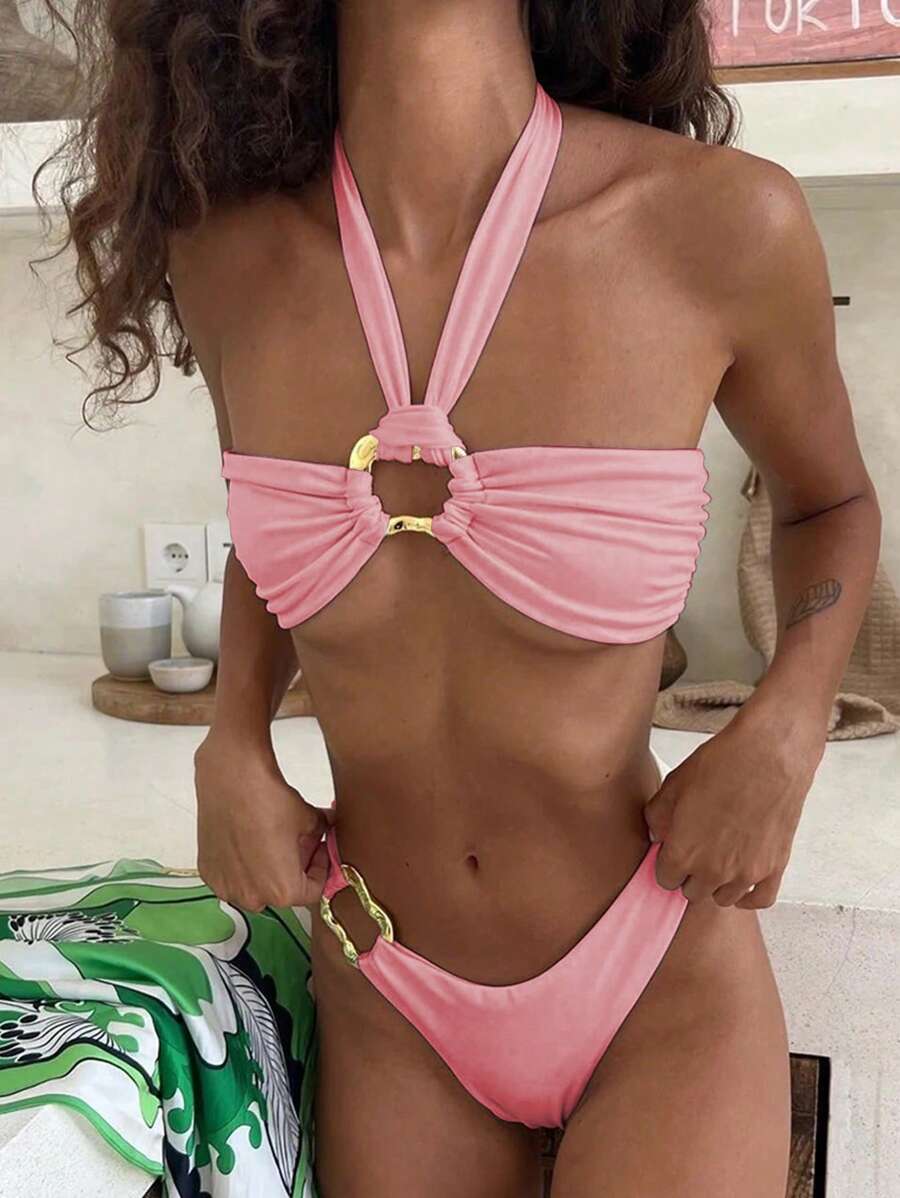 Sexy Solid Color Halter Neck Women Bikini Set, For Summer Beach Vacation - Pink - View 1