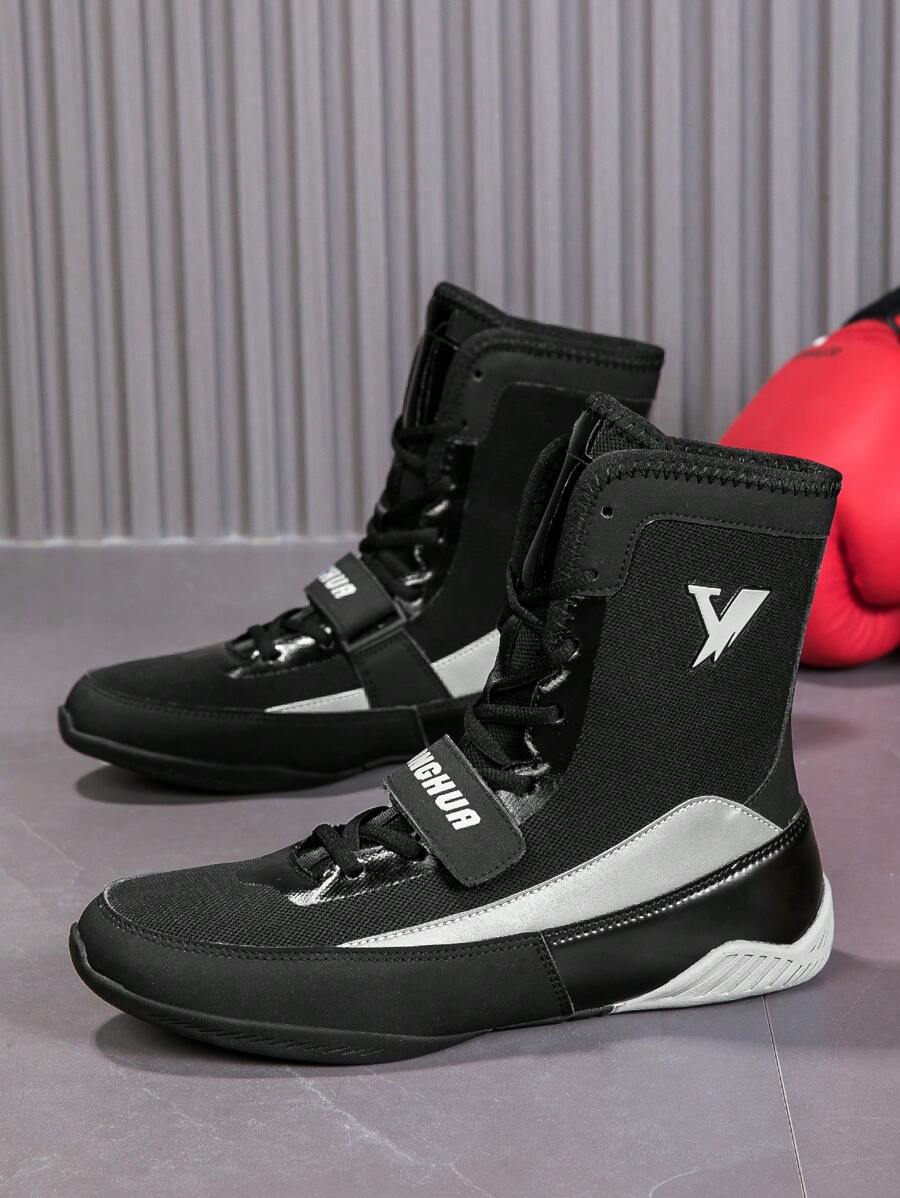 Men's Competitive Sports Shoes, Round Toe Lace-Up Mesh Breathable Men's Wrestling Shoes, Non-Slip Soft Bottom Comfortable Boxing Shoes, Dedicated For Indoor Adult Training, Men Sneakers - Black - View 1