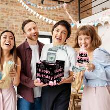 FZZ Pink Birthday Theme Piggy Bank Cartoon Design Money Box Surprise Cash Dispenser Box, Birthday Party Holiday Gift Valentine Day