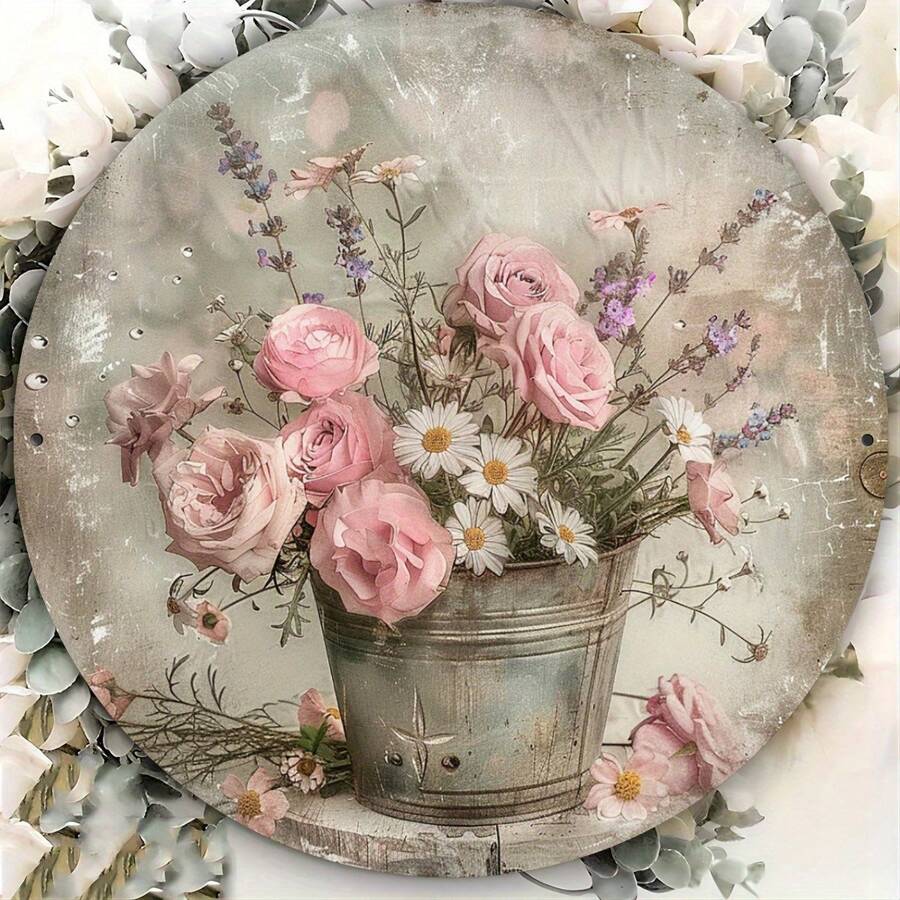 1 pieza Decoración de pared metálica vintage con diseño floral, letrero metálico redondo con diseño de maceta romántica, decoración del hogar impresa en 2D, compatible para interiores/exteriores, estilo granja pintura de peltre, adecuado para el hogar, restaurante, cafetería, garaje - 8x8 pulgadas con agujero perforado previamente, estilo de agujero aleatorio