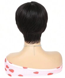 Short Pixie Cut With Fake Scalp Top Human Hair Wigs Short Straight Dark Brown #4/#2 Full Machine Made Human Hair Natural Black Wigs With Bangs For Women Daily Use - Natural Black - 查看 6