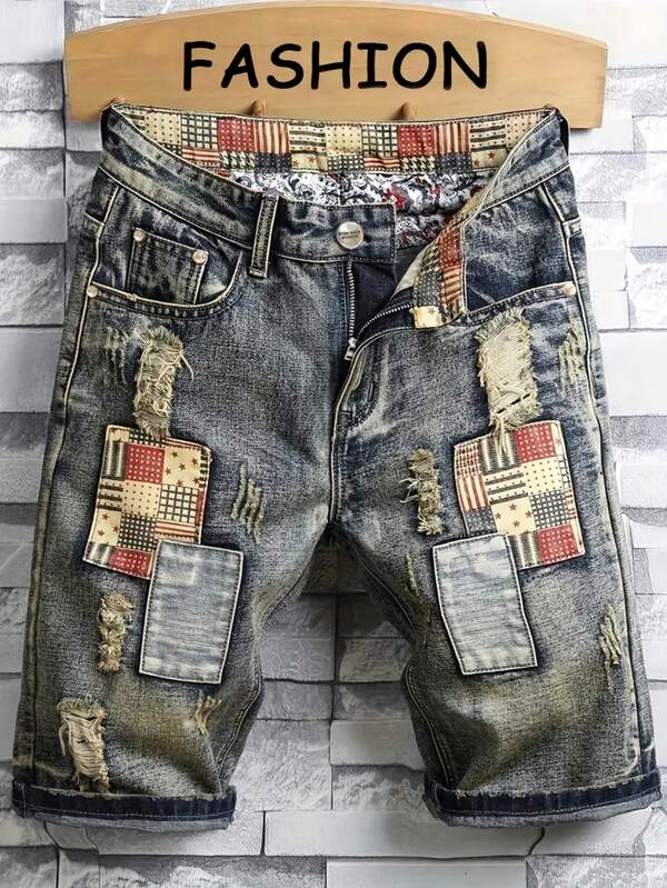 Men's Fashionable Washed Ripped Slim Straight Denim Shorts Jorts