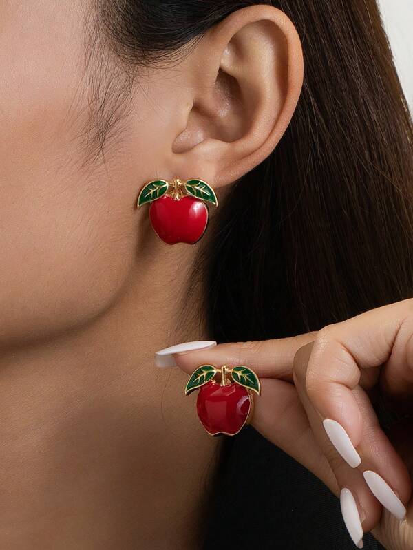 1 Pair Elegant European & American Style Exaggerated Alloy Drip Glaze Apple + Red Cherry Cute, Romantic, Luxurious Ladies Apple Earrings, Suitable For Ladies Travel, Holiday, Everyday Wear, Versatile Apple + Red Cherry Lady Earrings