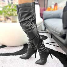 New Autumn And Winter Fashion Pointy Head Spice Girl Style Pleated Pile Pile Fine Heel Hitching Over The Knee Large Size Boots