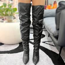 New Autumn And Winter Fashion Pointy Head Spice Girl Style Pleated Pile Pile Fine Heel Hitching Over The Knee Large Size Boots