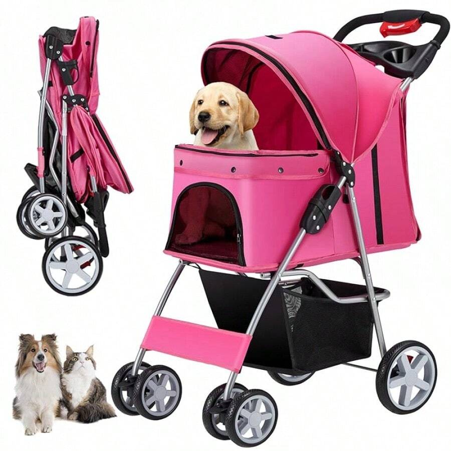 4 Wheel Pet Stroller Suitable For Small And Medium Dogs And Cats Breathable - Pink - View 1