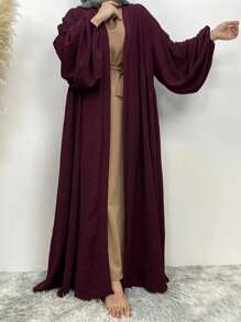Áo Abaya dài tay màu trơn dành cho nữ, phong cách áo Abaya dài thường ngày - Đỏ - Xem 2
