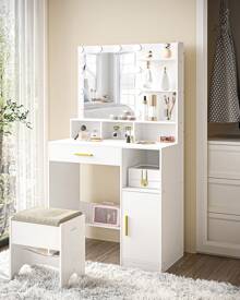 HEXCELEN Dressing Table With Mirror And 10 LED Lights, Dressing Table With 3 Shelves & 4 Open Compartments, Dressing Table With Large Drawer & Cupboard - trắng - Xem 2