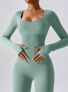 NcmRyu 1 Set Solid Color Green Seamless Women  Long Sleeve Jumpsuit With Tight Fit U Neckline Workout Comfortable Activewear For Fitness Gym Running And Outdoor Activities Summer - 綠色 - 查看 5