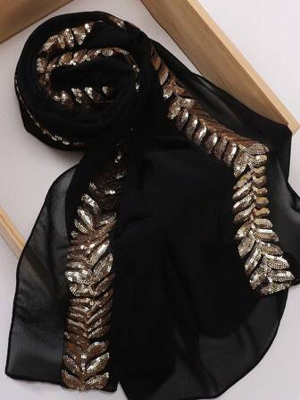 1pc Women's Heavy Studded Glitter Chiffon Hijab Scarf, Celebration Gift Veiled Clothes