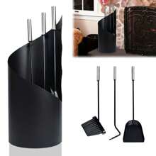 YARDIN Couverts de cheminée en acier inoxydable, 5 pièces - Ensemble de cheminée moderne avec support, balai, pince, tisonnier, pelle à cendres et manches en acier inoxydable - Type B-noir - Voir 1