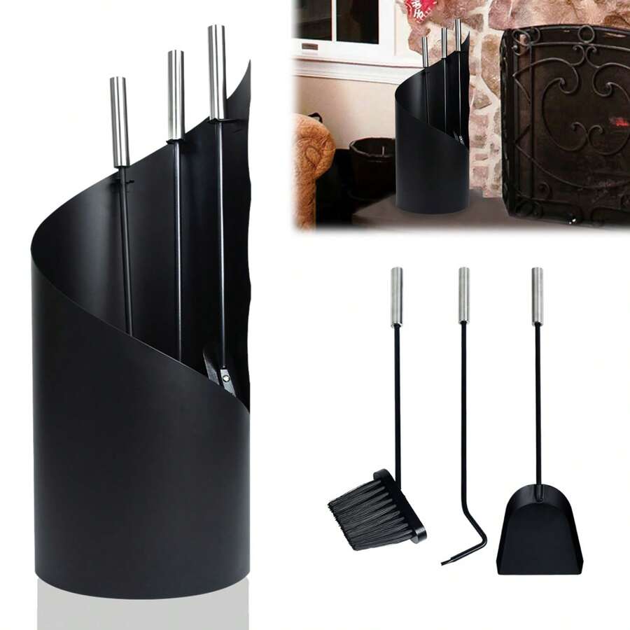 YARDIN Couverts de cheminée en acier inoxydable, 5 pièces - Ensemble de cheminée moderne avec support, balai, pince, tisonnier, pelle à cendres et manches en acier inoxydable - Type B-noir - Voir 1