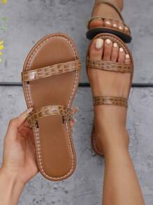 Women's Round Toe Flat Sandals, Comfortable Insole, Lightweight Summer New Retro Stone Pattern, 2-Peep-Toe Thick Bottom Slip-On Sandals, Black, White, Brown