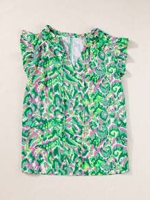 CILKOO Daily Casual Abstract Print Ruffled Trim Tied Split Neck Tank Top