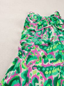 CILKOO Daily Casual Abstract Print Ruffled Trim Tied Split Neck Tank Top