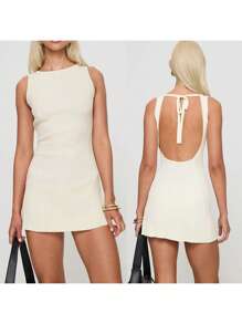 Women's Solid Color Mini Dress Sleeveless Open Back Slim Fit Tank Dress Cocktail Party Dress - 白色 - 查看 2